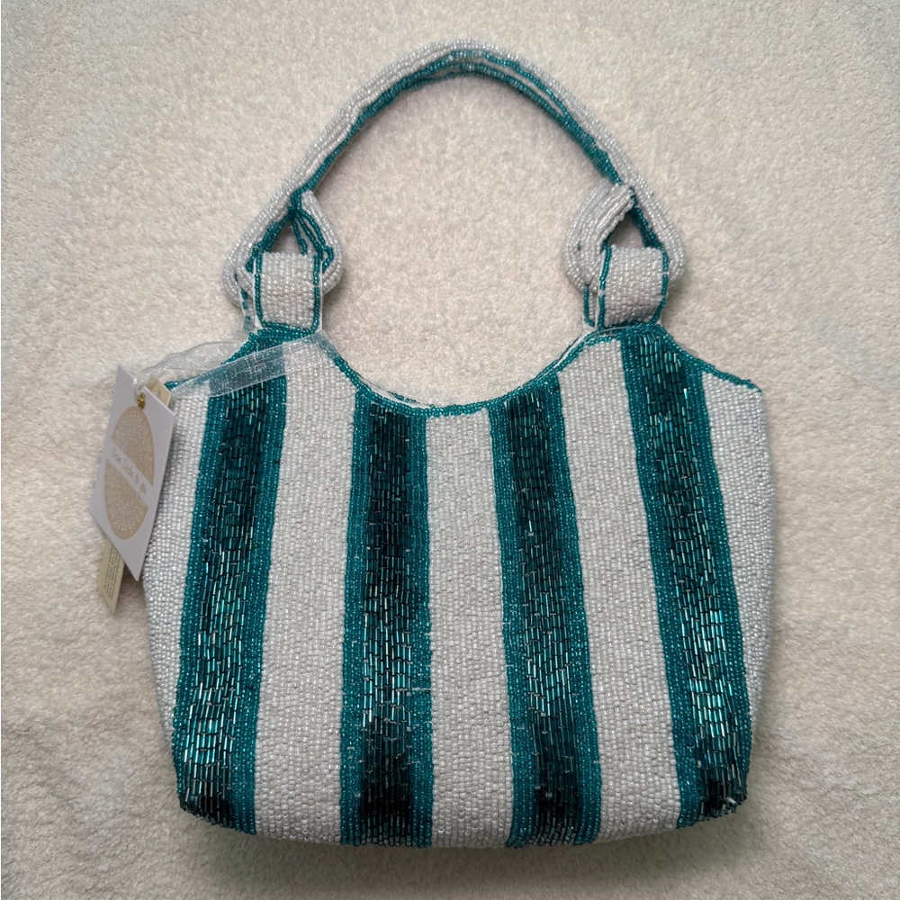 VIRAL NWT Made in India Striped Teal Blue White Beaded Handbag